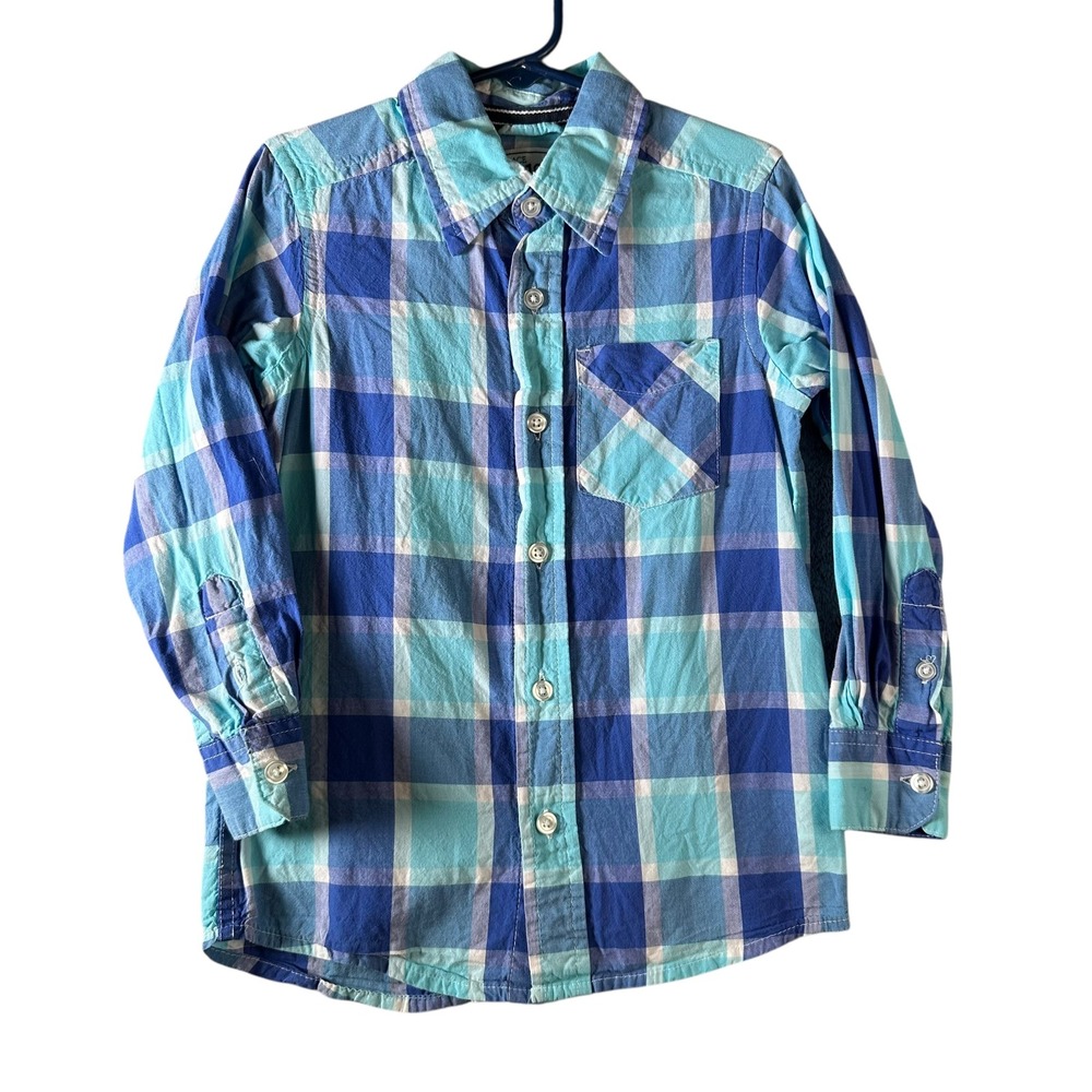 The Childrens Place Blue Plaid Button Down‎ Shirt Long Sleeve Size XS 4 Cotton